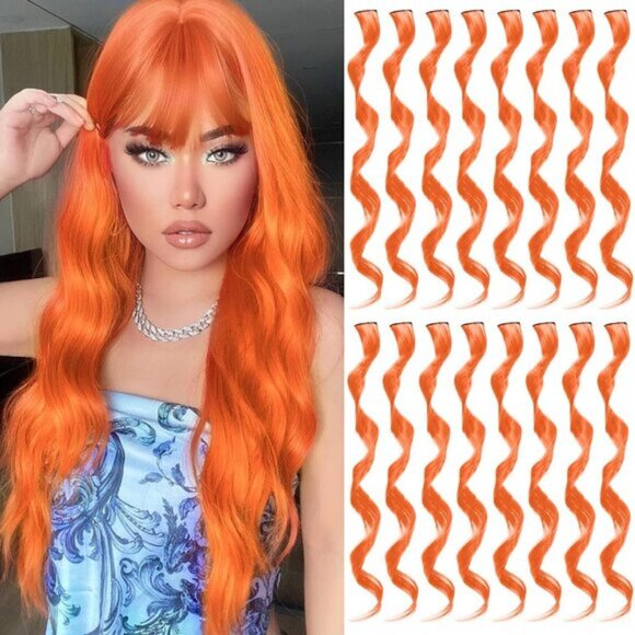 New 16PCS Curly Wavy Orange Streaks Synthetic Hairpiece Clip-in Hair Extensions